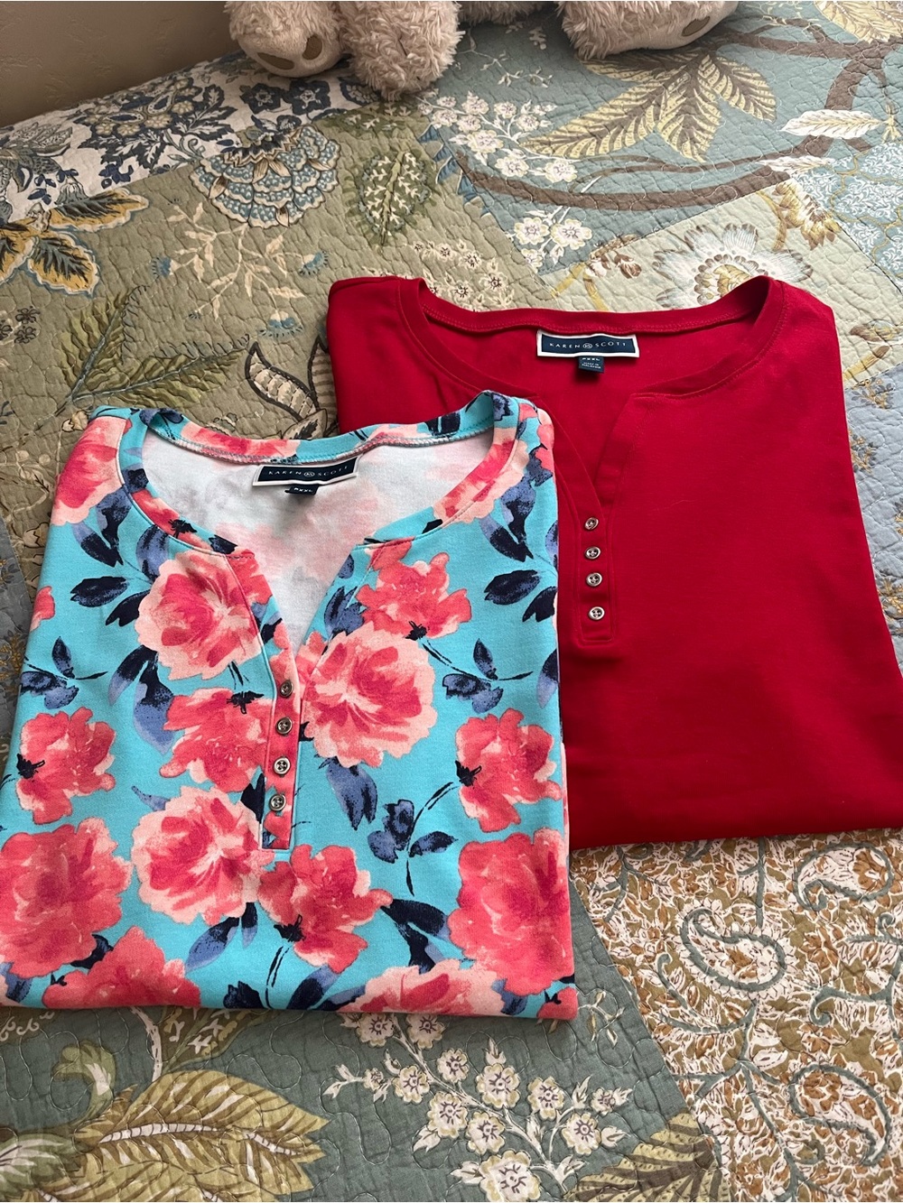 4 Karen Scott-Red, Black, Pink and Floral Henleys.
